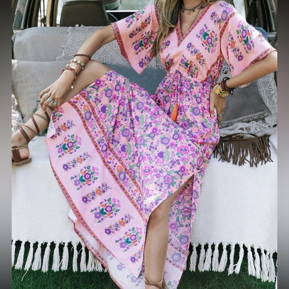 Accessories - Boho floral print slit thigh drawstring waist maxi dress